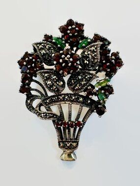 Vintage Pendant Brooch:  Sterling Silver, Marcasite, Garnet, Flower, Basket